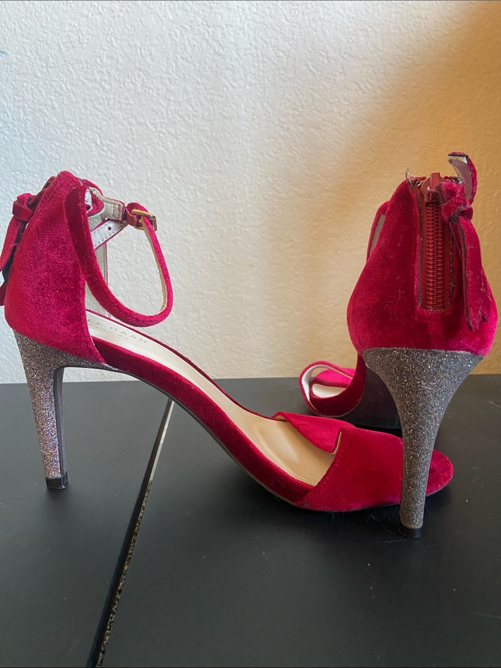 Cole Haan Red Velvet Ankle-Strap Heels with Glitter Stiletto